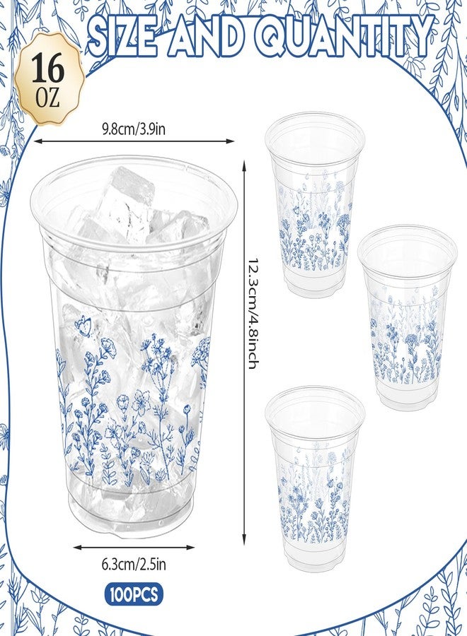 ZCPTZ 100 Pcs Chinoiserie Disposable Plastic Cups,16 oz Blue and White Flower Clear Plastic Cups for Birthday, Baby Shower, Christmas, Wedding and Tea Party Drinking Cups Supplies - Image 2